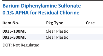 Aqua Solutions catalog panel - Barium Diphenylamine Sulfonate 0.1% APHA for Residual Chlorine