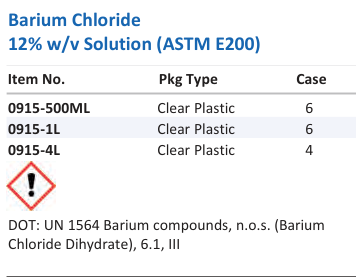 Aqua Solutions catalog panel - Barium Chloride 12% w/v Solution (ASTM E200)