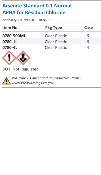 Aqua Solutions catalog panel - Arsenite Standard 0.1 Normal APHA for Residual Chlorine