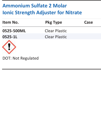 Aqua Solutions catalog panel - Ammonium Sulfate 2 Molar Ionic Strength Adjuster for Nitrate