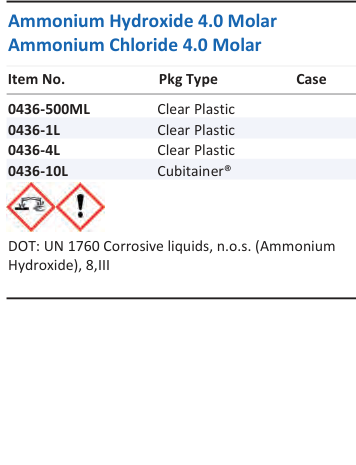 Aqua Solutions catalog panel - Ammonium Hydroxide 4.0 Molar Ammonium Chloride 4.0 Molar