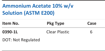 Aqua Solutions catalog panel - Ammonium Acetate 10% w/v Solution (ASTM E200)