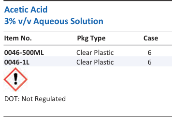 Aqua Solutions catalog panel - Acetic Acid 3% v/v Aqueous Solution