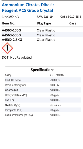 Ammonium Citrate, Dibasic Reagent ACS Grade Crystal Family Panel