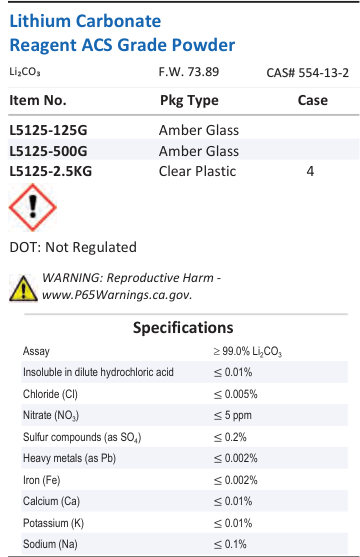 Lithium Carbonate Reagent ACS Grade Powder Family Panel