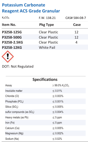 Potassium Carbonate Reagent ACS Grade Granular Family Panel