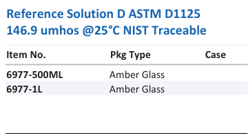 Reference Solution D ASTM D1125 146.9 umhos @25°C NIST Traceable Family Panel