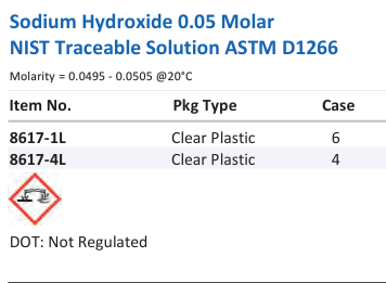 Sodium Hydroxide 0.05 Molar NIST Traceable Solution ASTM D1266 Family Panel