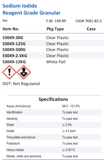 Sodium Iodide Reagent Grade Granular Family Panel