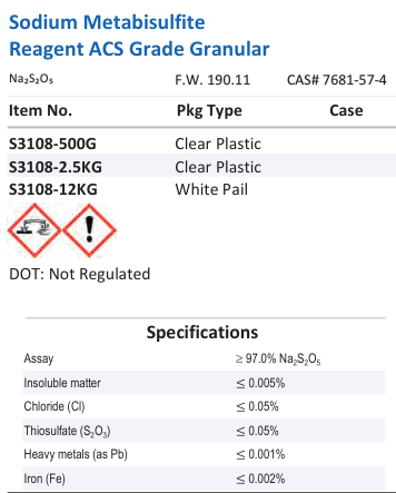 Sodium Metabisulfite Reagent ACS Grade Granular Family Panel