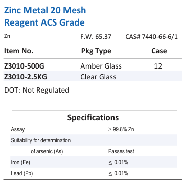 Zinc Metal 20 Mesh Reagent ACS Grade Family Panel