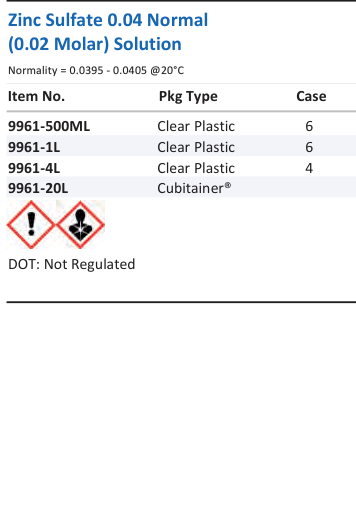 Zinc Sulfate 0.04 Normal (0.02 Molar) Solution Family Panel