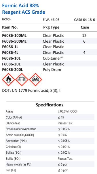 Formic Acid 88% Reagent ACS Grade Family Panel