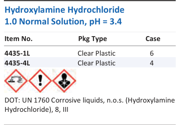 Hydroxylamine Hydrochloride 1.0 Normal Solution, pH = 3.4 Family Panel
