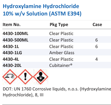 Hydroxylamine Hydrochloride 10% w/v Solution (ASTM E394) Family Panel