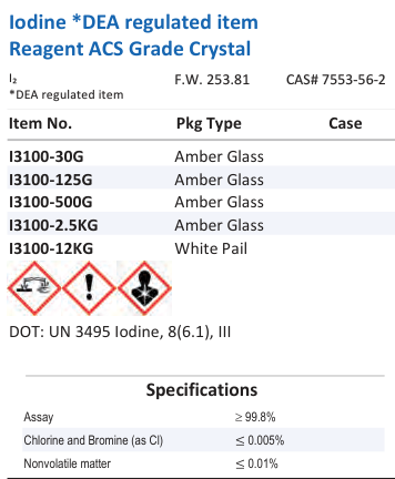 Iodine *DEA regulated item Reagent ACS Grade Crystal Family Panel
