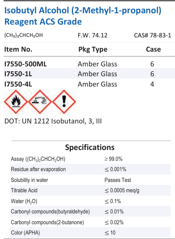 Isobutyl Alcohol (2-Methyl-1-propanol) Reagent ACS Grade Family Panel