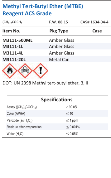 Methyl Tert-Butyl Ether (MTBE) Reagent ACS Grade Family Panel