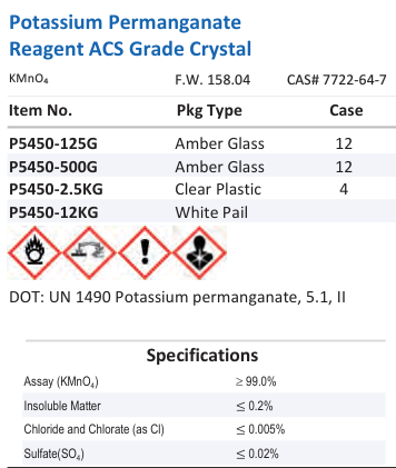 Potassium Permanganate Reagent ACS Grade Crystal Family Panel
