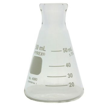 (4980-50) Pyrex 50mL Narrow Mouth Erlenmeyer Flasks with Heavy Duty Rim, 48/cs