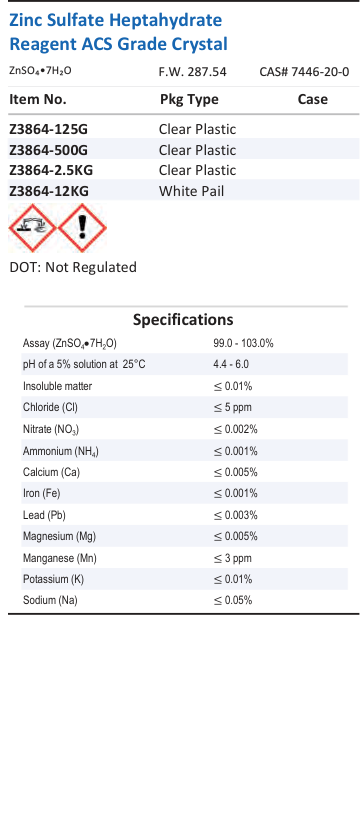 Aqua Solutions Zinc Sulfate Heptahydrate Reagent ACS Grade Crystal catalog panel