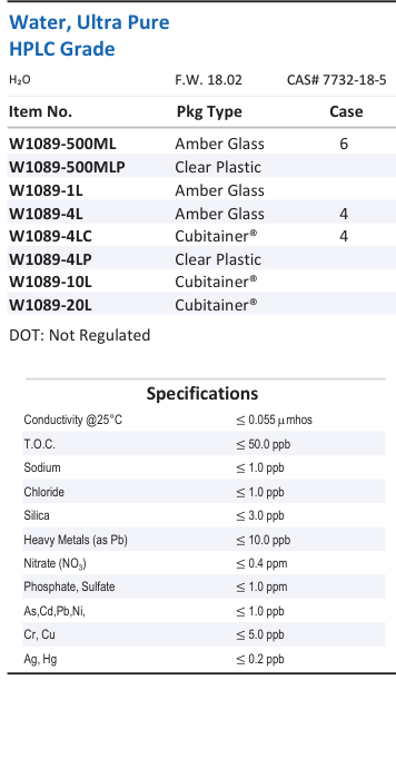 Aqua Solutions Water, Ultra Pure HPLC Grade catalog panel