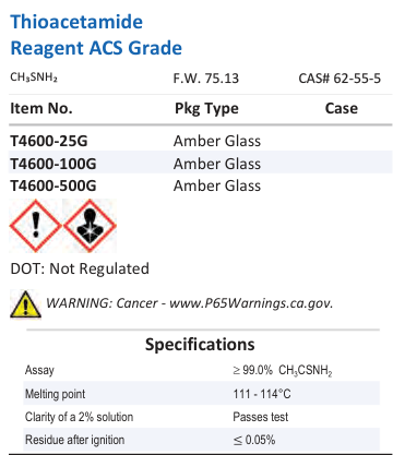 Aqua Solutions Thioacetamide Reagent ACS Grade catalog panel