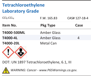 Aqua Solutions Tetrachloroethylene Laboratory Grade catalog panel