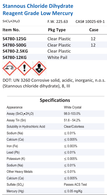 Aqua Solutions Stannous Chloride Dihydrate Reagent Grade Low Mercury catalog panel