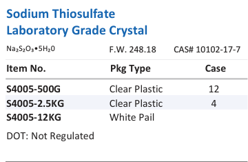 Aqua Solutions Sodium Thiosulfate Laboratory Grade Crystal catalog panel