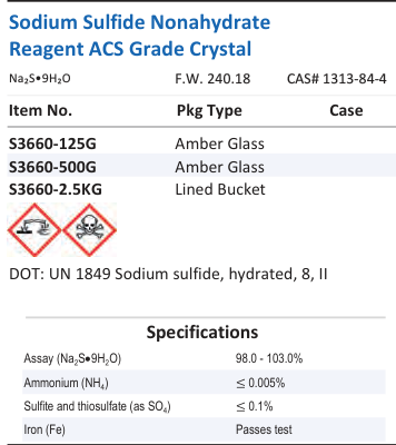 Aqua Solutions Sodium Sulfide Nonahydrate Reagent ACS Grade Crystal catalog panel