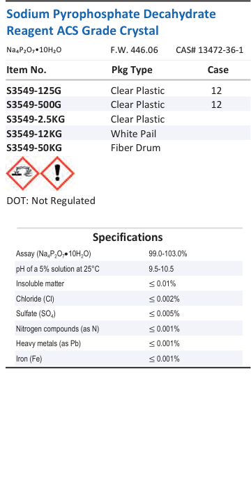 Aqua Solutions Sodium Pyrophosphate Decahydrate Reagent ACS Grade Crystal catalog panel