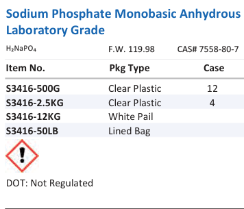 Aqua Solutions Sodium Phosphate Monobasic Anhydrous Laboratory Grade catalog panel