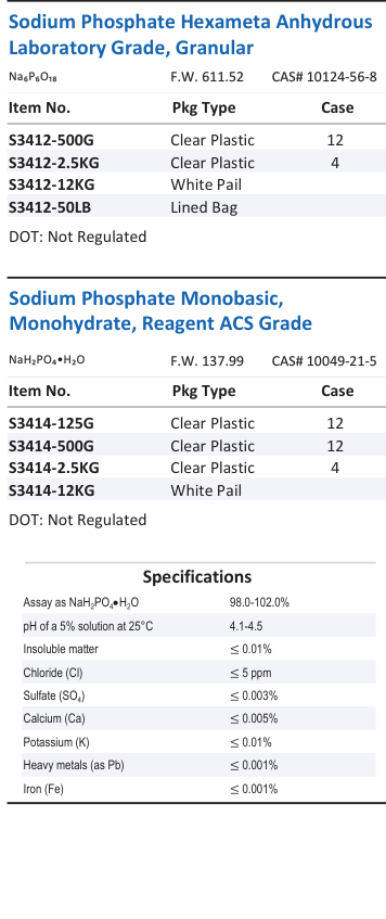 Aqua Solutions Sodium Phosphate Hexameta Anhydrous Laboratory Grade, Granular catalog panel