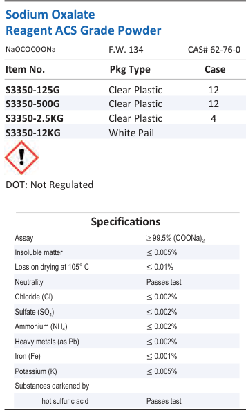 Aqua Solutions Sodium Oxalate Reagent ACS Grade Powder catalog panel
