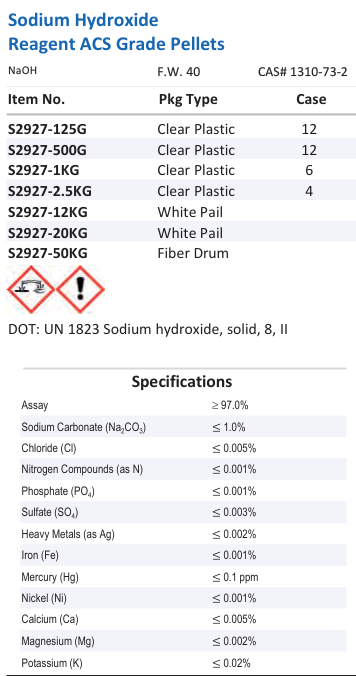 Aqua Solutions Sodium Hydroxide Reagent ACS Grade Pellets catalog panel