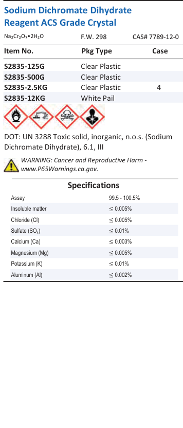 Aqua Solutions Sodium Dichromate Dihydrate Reagent ACS Grade Crystal catalog panel