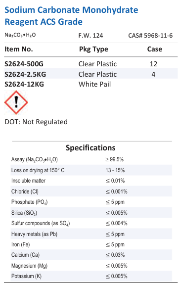 Aqua Solutions Sodium Carbonate Monohydrate Reagent ACS Grade catalog panel