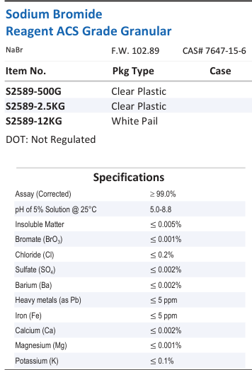 Aqua Solutions Sodium Bromide Reagent ACS Grade Granular catalog panel