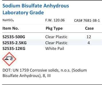 Aqua Solutions Sodium Bisulfate Anhydrous Laboratory Grade catalog panel
