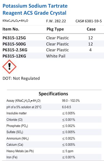 Aqua Solutions Potassium Sodium Tartrate Reagent ACS Grade Crystal catalog panel