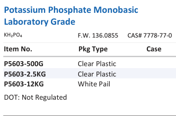Aqua Solutions Potassium Phosphate Monobasic Laboratory Grade catalog panel