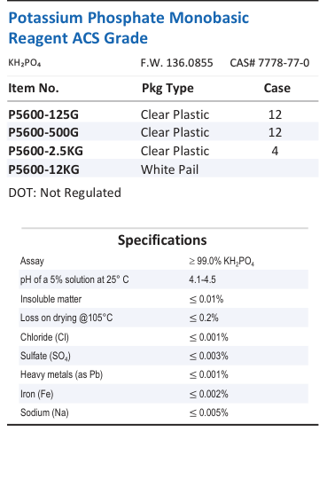Aqua Solutions Potassium Phosphate Monobasic Reagent ACS Grade catalog panel