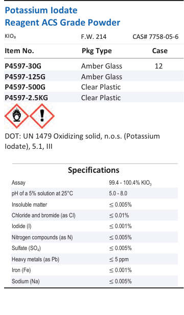 Aqua Solutions Potassium Iodate Reagent ACS Grade Powder catalog panel