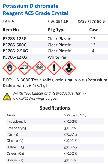 Aqua Solutions Potassium Dichromate Reagent ACS Grade Crystal catalog panel