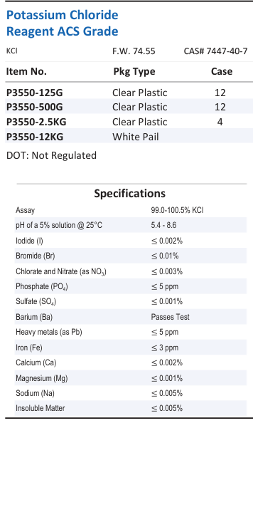 Aqua Solutions Potassium Chloride Reagent ACS Grade catalog panel