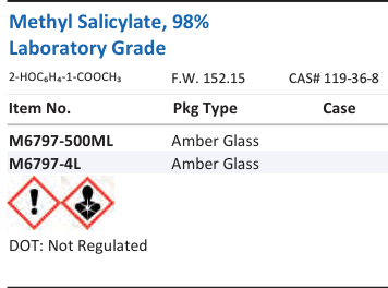 Aqua Solutions Methyl Salicylate, 98% Laboratory Grade catalog panel
