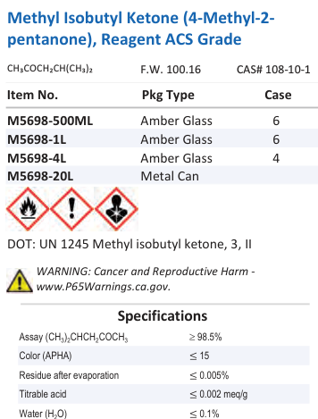 Aqua Solutions Methyl Isobutyl Ketone (4-Methyl-2-pentanone), Reagent ACS Grade catalog panel