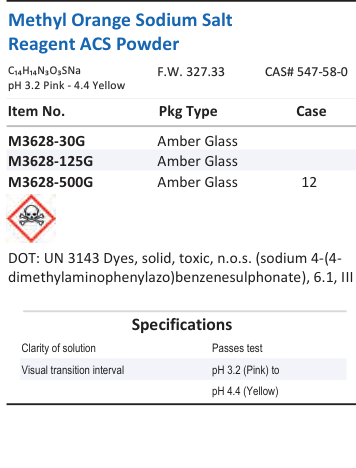 Aqua Solutions Methyl Orange Sodium Salt Reagent ACS Powder catalog panel