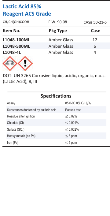 Aqua Solutions Lactic Acid 85% Reagent ACS Grade catalog panel